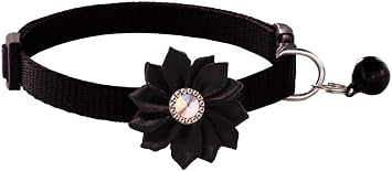 Cat Collar with Bell, Flower Decoration XS Dog Collar Girl Cute Fancy Puppy Collar with Bell for XXS XS Kitten Pet Bitch, Neck 7-12 inches Black, Neck 7-12"