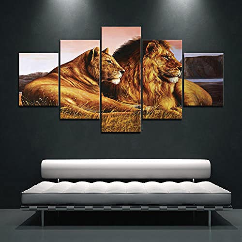 Tableau lion noir et blanc en 5 panneaux amovibles pour salon YUANJUN