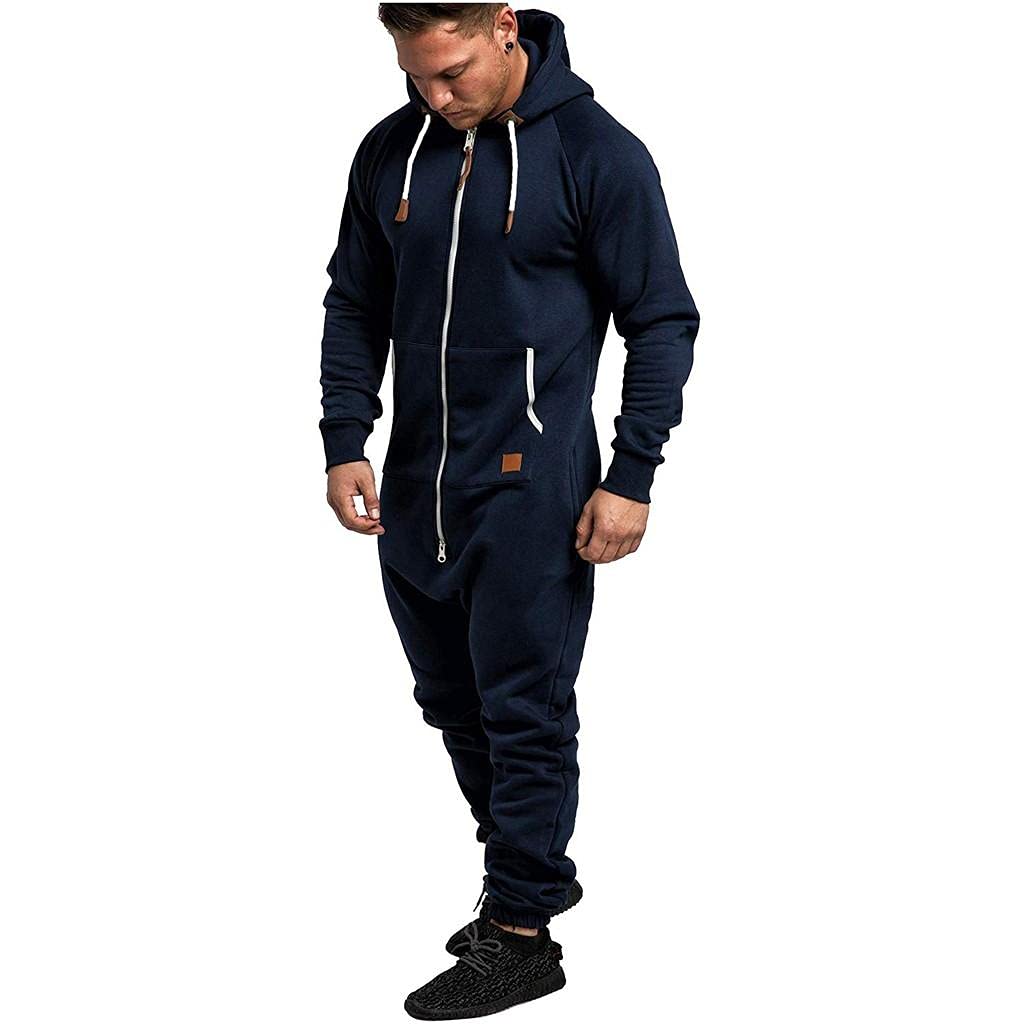 WUAI-Men Casual Zip Up Hooded Jumpsuit One Piece Pajamas Playsuit Jogging Sweatsuit Overall Romper Onesie
