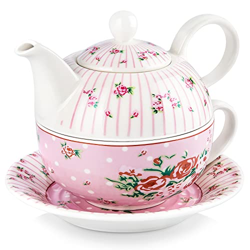 MALACASA Tea for One Set, Teapot 11 Ounce and Cup 8.4 Ounce and 6 inch Saucers, Porcelain Teapot and Cup Set, Tea Pot with Lid, Pink - Series Sweet Time