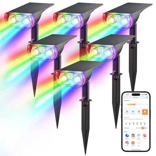 Linkind Smart Solar Lights Outdoor SL5, Color Changing Solar Spotlight for Halloween Decorations, APP Control Landscape Lights, IP65 Solar Spot Lights Outdoor, Solar Halloween Lights for Yard(6 Pack)