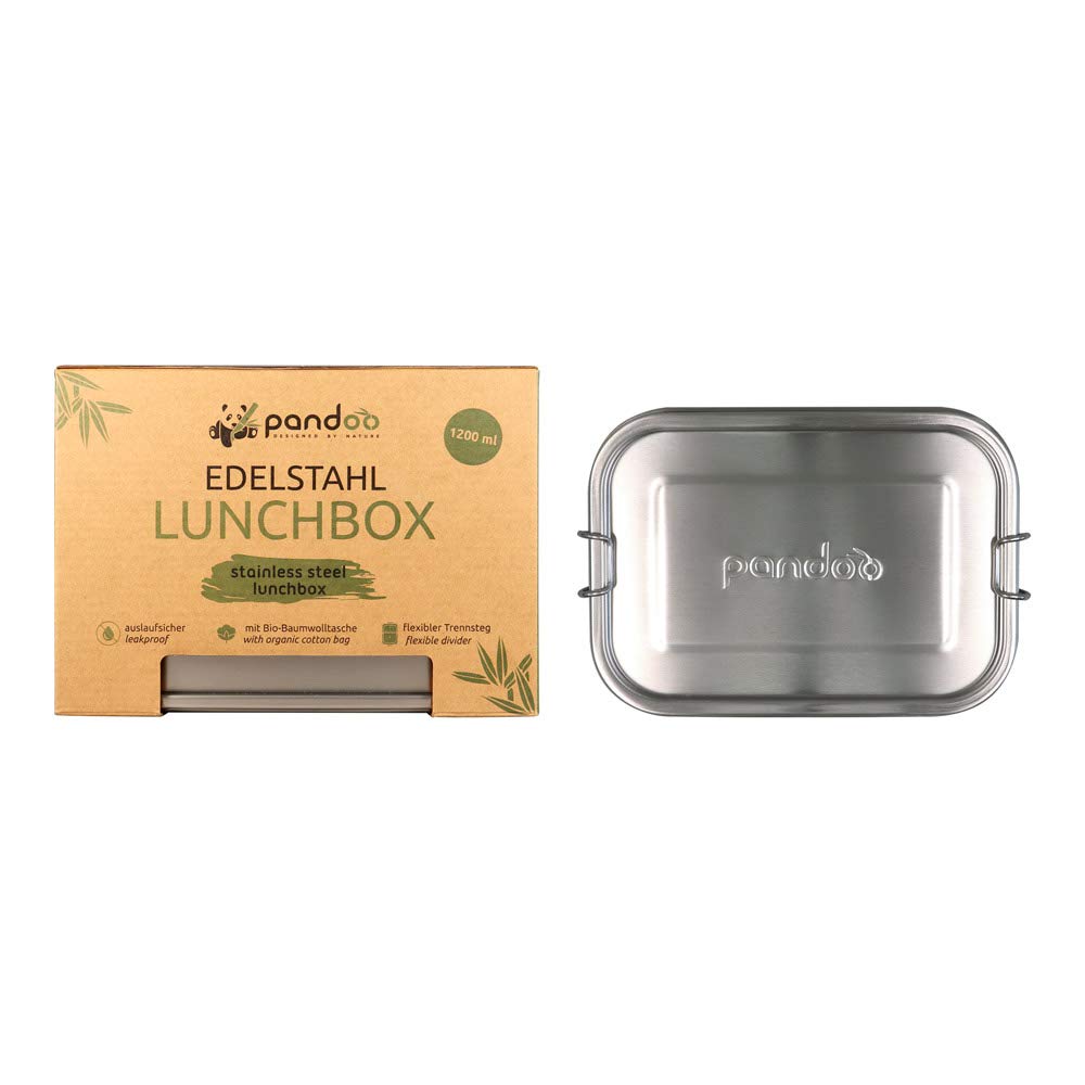 Pandoo Contenitore Pranzo In Acciaio Inox 1200 Ml Con Divisore, Sacchetto Cotone E E-book Ricette – A Prova Di Perdite, Ecologico