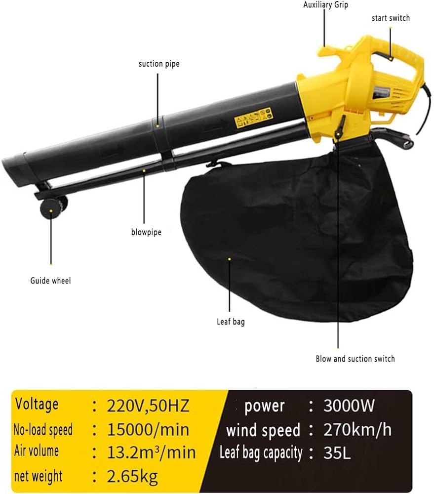 Trituradora de Hojas doméstica, sopladora y aspiradora de Hojas con soplador de Alta Potencia Integrado. Soplador y Aspirador de Hojas eléctrico para jardín (tamaño: 50 m).