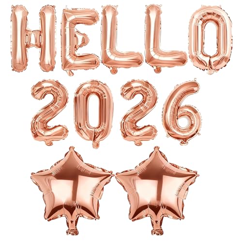 2026 Balloons, Rose Gold Hello 2026 Number Balloons, Happy New Years Decorations, Large Foil Balloon Number for New Years Eve Party Supplies Class of 2026 Graduation Decorations