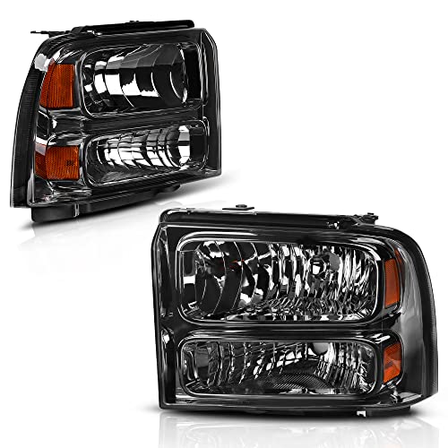 Image of oEdRo Headlight Assembly Compatible with 2005 2006 2007 Ford F250 F350 F450 F550 Super Duty /2005 Excursion, Headlamp with Amber Reflector, Smoke Lens Chrome Housing