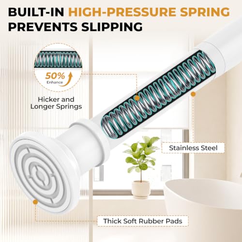 Image of Heavy Duty White Shower Curtain Rod 30-100 In AdjustableTension Curtain Rod | No Drilling for Windows Bathroom Outdoor Closet 1.1 inch Dia Spring Stainless Steel Rustproof Anti-Slip Easy Installation