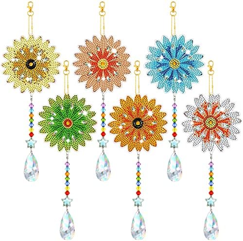6 Pcs Diamond Painting Suncatcher Wind Chime Double Sided Crystal Diamond Painting Hanging Ornament African Daisy Suncatcher Kit for Adults Kids DIY Art Craft Window Garden Home Decor