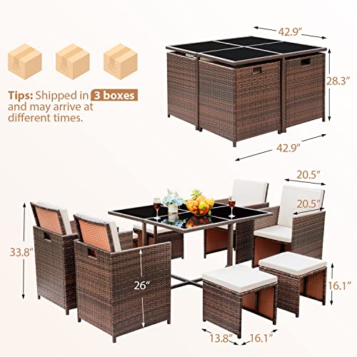 Homall 9 Pieces Dining Outdoor Furniture Patio Wicker Rattan Chairs And Tempered Glass Table Sectional Conversation Set Cushioned With Ottoman (Brown), 9 #TOP5