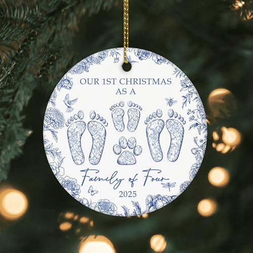 Image of Family of Four with Dog Ornament 2025, First Time Parents Christmas Ornament