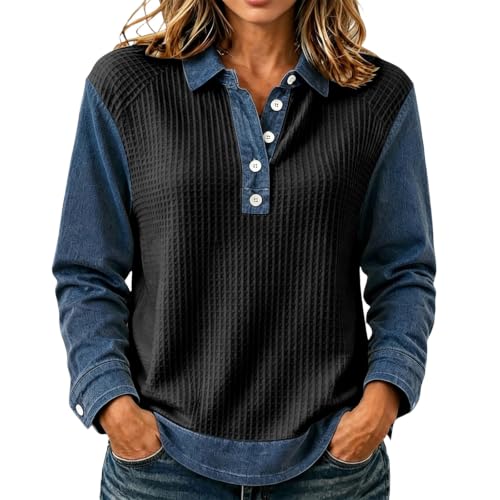 Waffle Tops for Women Denim Patchwork Collared Button Fall Shirts - image 1