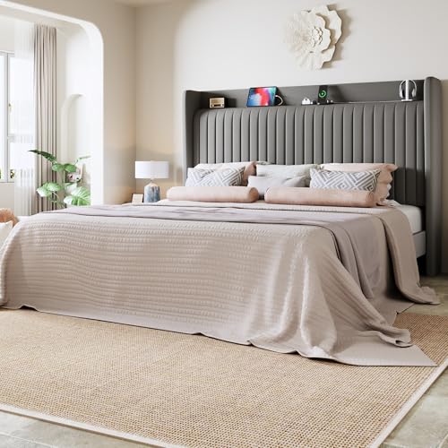 Image of Allewie King Size Platform Bed Frame with USB Charging Station and Storage Shelf /Upholstered Velvet Wingback Headboard /Wooden Slats Support /No Box Spring Needed /Easy Assembly, Grey
