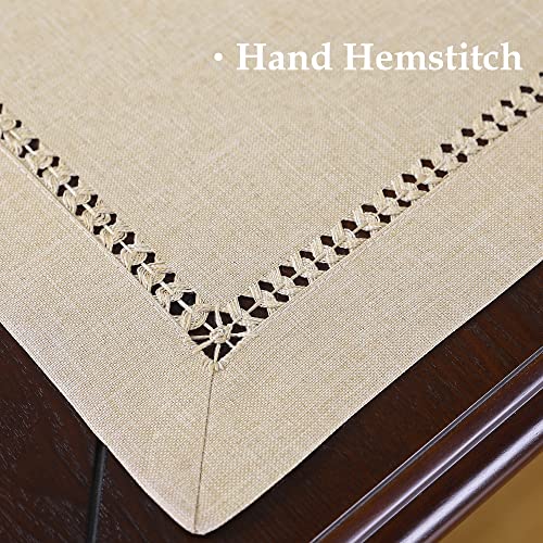 Handmade Hemstitch Tablecloth Natural Faux Linen Table Cloth Oval Rustic Table Cover For Kitchen Dinning Room Party Solid Beige 60X84 Inch #TOP3