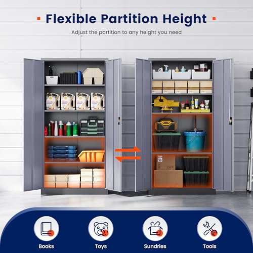 Image of Yizosh Metal Garage Storage Cabinet with Lock, 72 inch Locking Tool Cabinets with 2 Doors and 4 Shelves, Heavy Duty File Cabinet for Office, School (Gray Black)