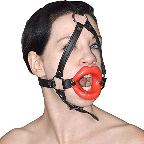 Honeylust - Arnés fetiche sexy para la cabeza con labios rojos de silicona - Bondage mordaza bucal de cuero artificial - mordaza bucal erótica suave con correas ajustables - Juguete sexual BDSM