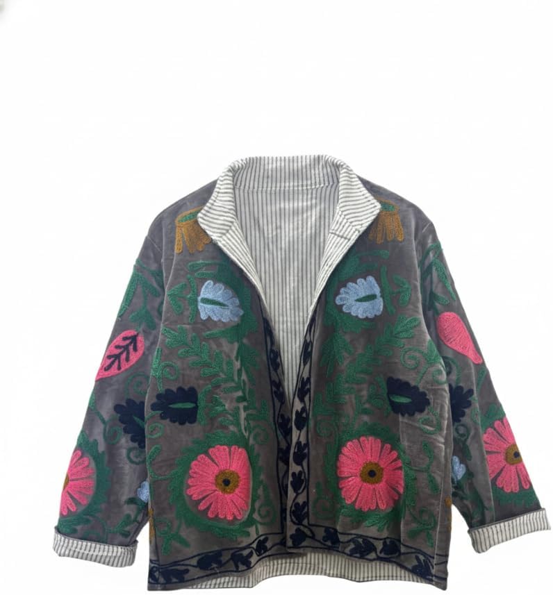 Embroidered Floral Jacket, Gray Velvet, Striped Lining, Colorful Flower Design, Open Front, Reversible Style