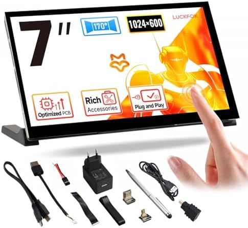 LUCKFOX Raspberry Pi Screen 7 Inch HDMI Touchscreen for Raspberry Pi 5 Plug & Play 1024 x 600 5 Point Touch Screen Portable Monitor for Laptop with Stand IPS LCD Display Second Screen for Laptop PC