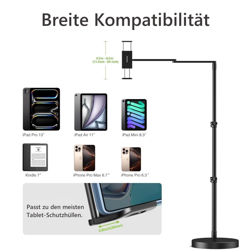 elitehood Verstellbarer iPad Bodenständer mit Schwerlast-Standfuß, 61 cm Horizontaler Langer Arm Tablet Ständer Halterung für Bett & Sofa – Kompatibel mit iPad mini/Air/Pro 12.9" und 4.7-13" Geräten
