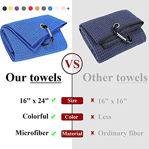VIVIDLY 2 Pack Tri-fold Golf Towels, Premium Microfiber Fabric Waffle Pattern with Black Heavy Duty Carabiner Clip, Blue Golf Towels for Golf Bags for Men (Blue)