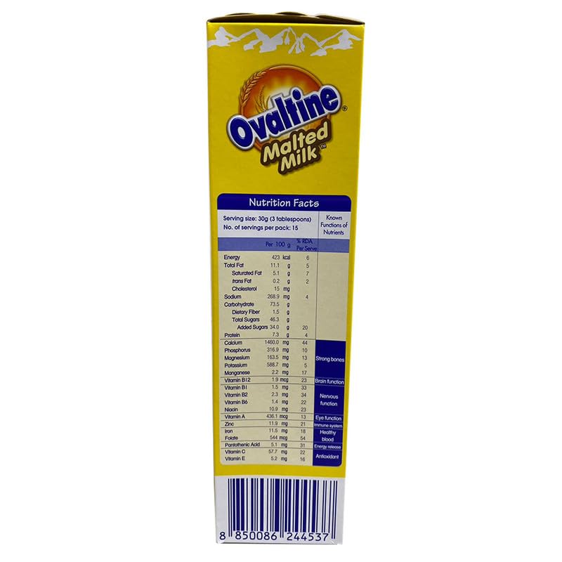 Image of OVALTINE Malted Health Drink Milk Powder, Health Drink for Kids & Adults, Malt Based Nutrition Drink with Vitamins & Minerals, Easy Mix Milk Powder for Daily Energy & Wellness, 450g (Pack of 2)