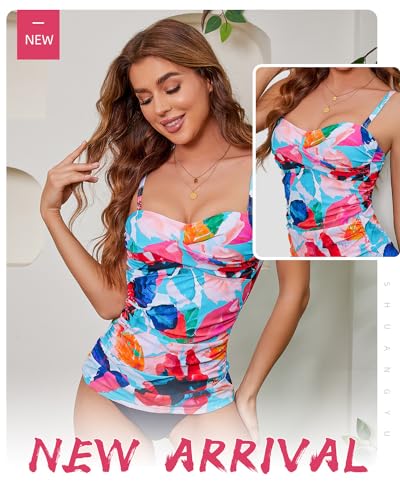 Image of Shuangyu Women's Twist Front Bandeau Tankini Set Two Pieces Ruched Tummy Control Suimsuit with Mid Waist Briefs