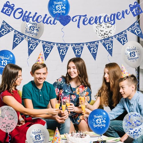 Aurmonigo 13th Birthday Decorations Boy - Blue Official Teenager Banner Happy Birthday Balloons Triangle Flag, Latex Confetti Balloon for 13 Years Old Boys Party Decoration Supplies - Image 5