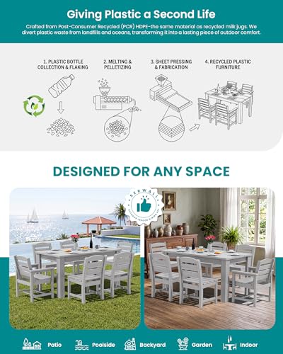 Image of SERWALL 59 inch Armless Outdoor Dining Set for 4, Light Gray | Include 1 Rectangular Dining Table and 4 Armless Chairs, All Weather Dining Sets for Garden, Backyard