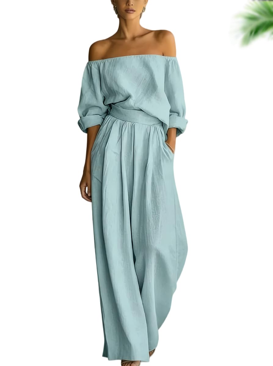 Generisch Modisches Zweiteiler-Set für Damen: Schulterfreies Top & Hose mit weitem Bein – 2-teiliges Urlaubs-Outfit im Boho-Stil