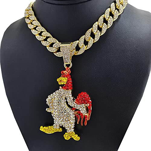 Gold Plated Large Icy Bling Chicken Pendant & 15mm 16" 18" 20" 24" 30" Iced Miami Cuban Chain Hip Hop Jewelry Necklace2