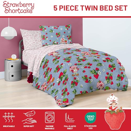 Image of Strawberry Shortcake Twin Comforter Set 5 Piece Kids Bedding, Blue