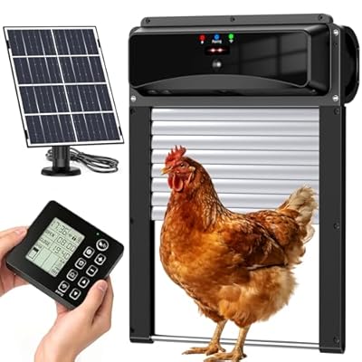 Automatic Chicken Coop Door with Remote Display, Solar Powered Roll-up Chicken Door, 393ft Long-Range Wireless Monitor, Anti-Pinch Auto Coop Door, Predator Protection Motion Sensor, No WiFi Needed
