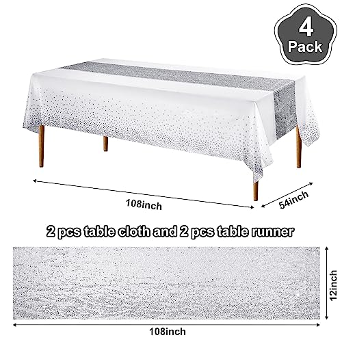 Image of Irenare 4 Pcs White and Silver Tablecloth and Sequin Table Runner Set Polka Dots Confetti Table Cover Dining Plastic Tablecloths Glitter Decorations for Birthday Wedding Anniversary Party Supplies