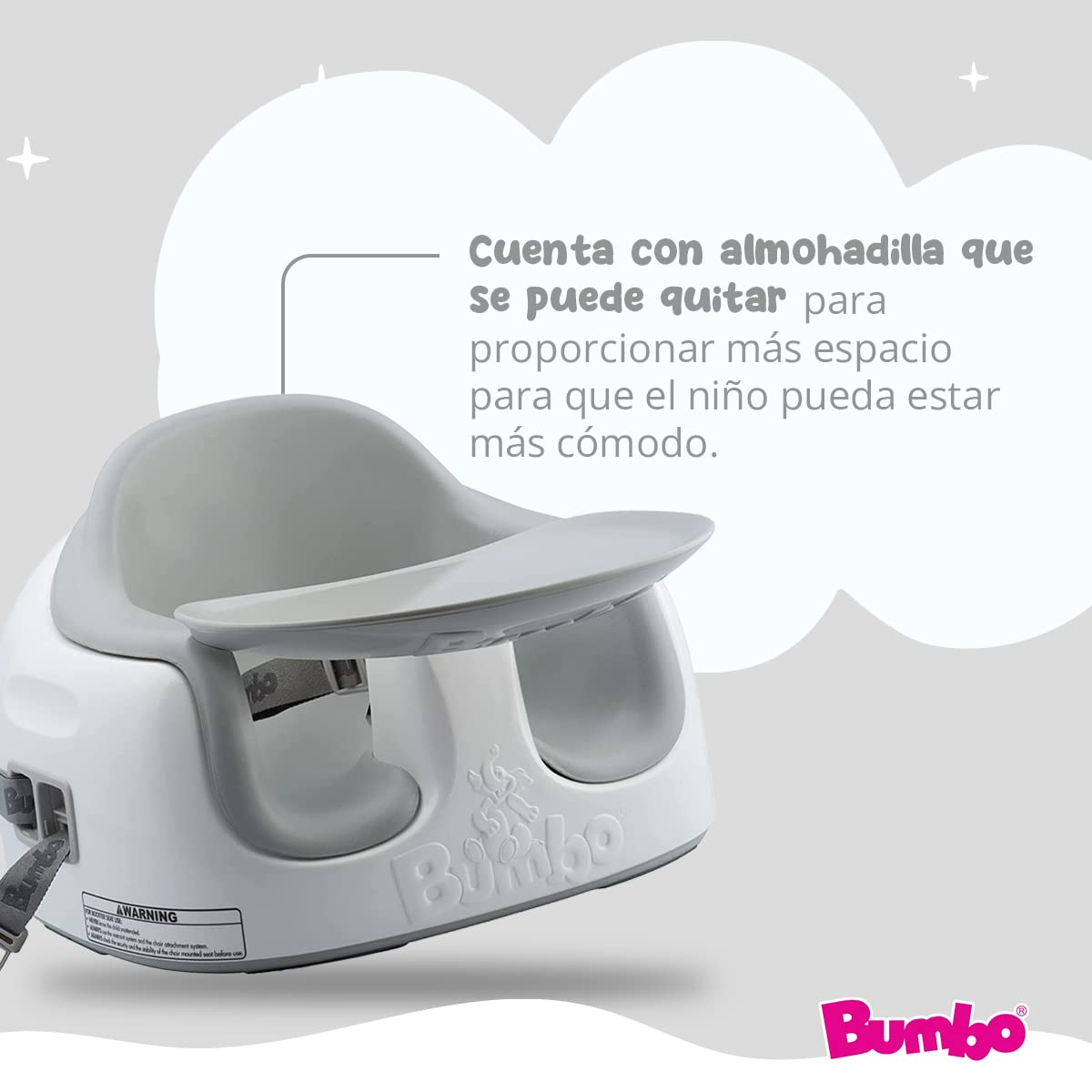 Bumbo Multi Seat - Asiento para Bebé 3 en 1 - Asiento de Suelo, Trona Portátil y Alzador de Silla para Comer - Bandeja Extaíble y Altura Ajustable - Color Gris