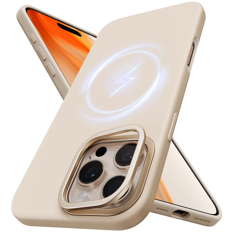 TORRAS Compatible with iPhone 16 Pro Case, Liquid Silicone Case with Stand, Compatible with MagSafe, Built-in Stash Stand, Soft Grip Shockproof 16 Pro case, Anti-Scratch Microfiber Lining, Gesert Gold