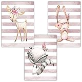 Frechdax® 3er Set Poster Kinderzimmer - A4 Bilder Babyzimmer - Deko Mädchen (3er Set Altrosa, Hase, REH, Waschbär)