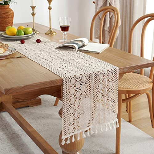 SASIGAYA Tischläufer Beige Boho Landhausstil Elegante Hohle Tischdecke mit Quasten für Rustikale Table Runner für Böhmische Rustikale Hochzeit Brautdusche Bauernhaus Esstisch Dekorativ(30×260cm) Cover
