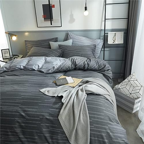 Image of Striped Comforter Set Queen Size Retro Grey Stripes Pattern Printed Bedding Comforter with 2 Pillowcases Soft Breathable Fluffy Bed Comforter Geometric 3 Pieces Striped Bedding Set for All Seasons