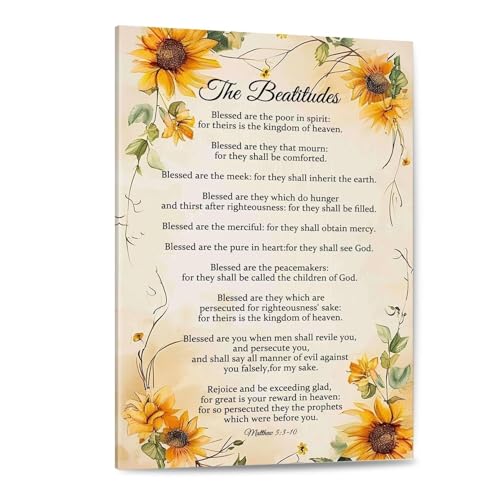 The Beatitudes Canvas Wall Art - Vintage Style Matthew 5:3-12 Bible Verse Print, Inspirational Scripture Poster for Prayer Room,