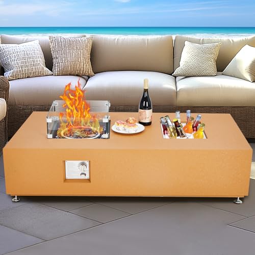 56 Inch Outdoor Propane Gas Fire Pit Table,50000BTU Rectangle Fire Table with 13" Square Drink Ice Bucket Wind Guard & Fire Glass Beads for Outside Patio Yard Garden, Yellow