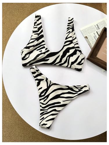 GORGLITTER Women's Zebra Striped Swimsuit 2 Piece Twist Front High Cut Hipster Bikini Bathing Suit2