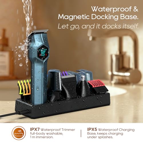 Image of Beard Trimmer for Men, Magnetic Snap-on Replacement Heads & Charging Dock, IPX7 Waterproof Cordless Hair Clippers, Mens Grooming Kits for Mustache /Body /Face /Ear /Nose, Navy Blue