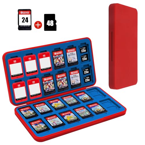 Image of FYY Nintendo Switch Game Case Holder for Switch 2 Cartridge Case with 24 Game Card Slots & 48 Micro SD Card Slots, Hard Shell, Silicone Lining Red Blue