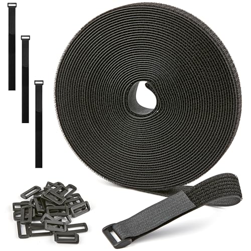 Image of 1 inch x 30ft Nylon Hook and Loop Cable Straps Roll with 40 Plastic Buckles - Reusable, Adjustable, Cut-to-Length for Organizing Cords, Wires & Storage Solutions