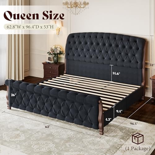 Image of AMERLIFE Upholstered Queen Bed Frame, 53 inch Tall Sleigh Bed with Button Tufted Chenille Headboard and Footboard, Platform Bed with Carved Solid Wood Legs, No Box Spring Needed, Black