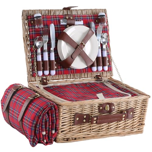 HYBDAMAI Picknickkorb Set für 4 Person mit Kühlfach und wasserdichte Picknickdecke, Abnehmbarer Riemen, Besteck Set, für Camping, Strand, Wandern, BBQ und Familie/Paare Geschenke, Zubehör