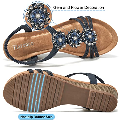Image of HARENCE Wedge Sandals for Women Dressy: Comfortable Elastic Ankle Strap Low Heel Open Toe Flower Summer Shoes