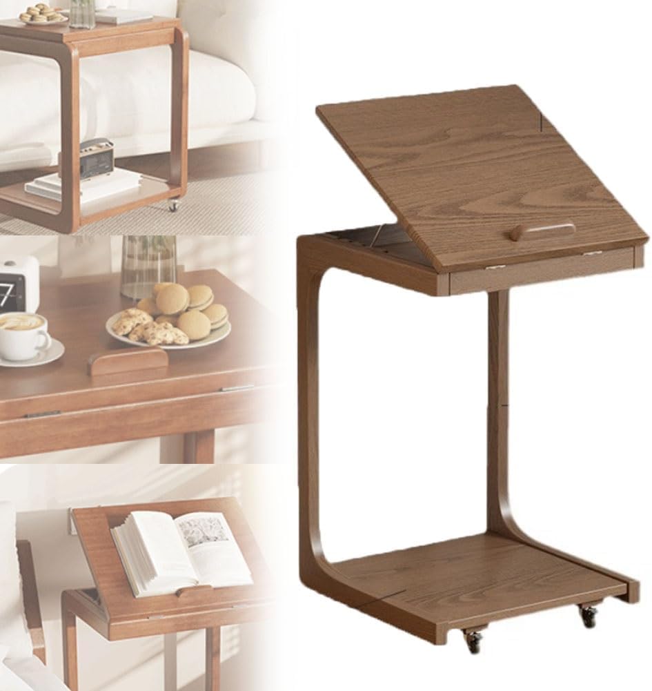 Mesa de TV ajustable en forma de C de madera maciza con ruedas, mesas auxiliares extraíbles para sofá, ideal para salas de estar y dormitorios, perfecta para espacios estrechos