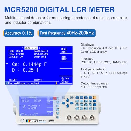Image of MATRIX MCR5200 Benchtop LCR Meter, 40Hz-200kHz 0.1%, Digital LCR Bridge Measures Inductance /Capacitance /Resistance, USB /RS232C, Calib-Clear, Data Save