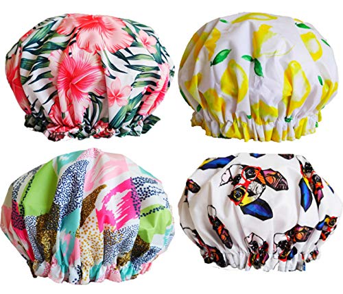 JPNK 4 PACK Colorful Bath Cap for Women Waterproof & Adjustable Double Layered Shower Caps…