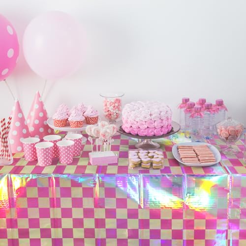 Image of 6 Pack Pink and Iridescent Checkered Plastic Tablecloth, Shiny Disposable Laser Rectangle Table Covers, Holographic Foil Tablecloth Iridescent Party Decorations for Picnic Camping Outdoor, 54x108Inch