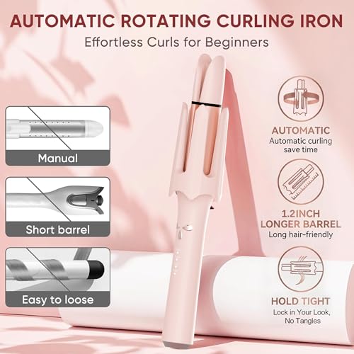 Image of Auto Rotating Hair Curler - 4 Temperature and Timer Settings, Automatic Curling Iron with Automatic Shut-Off, Anti-Tangle and Scalding, Curling Wand for Long Lasting Curls (Pink)